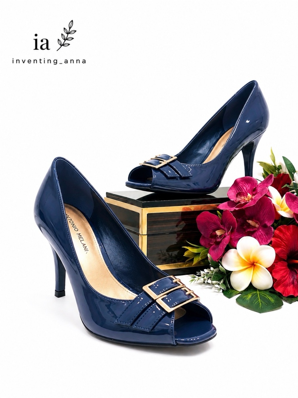 ANTONIO MELANI Navy Peep-Toe 3.5” Heels with Silver-Toned Hardware size 9